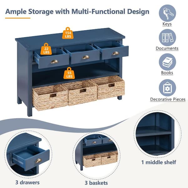 Nestfair 47 in. Navy Rectangle MDF Console Table with 3-Drawers