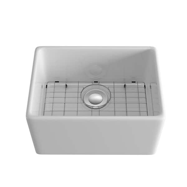 EPOWP White Ceramic 20.9 in. Single Bowl Corner Farmhouse Apron Workstation Kitchen Sink with Bottom Grid