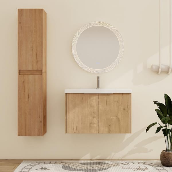 ARTCHIRLY 29.5 in.W x 18.1 in.D x 19.3 in.H Wall-Mounted Bath Vanity in Oak with White Resin Top and Side Cabinets