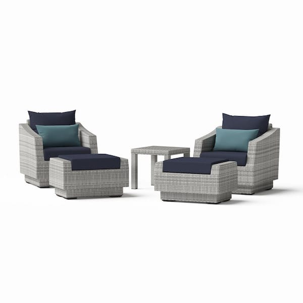 RST BRANDS Cannes 5-Piece All Weather Wicker Patio Club Chair and Ottoman Conversation Set with Blue Cushions