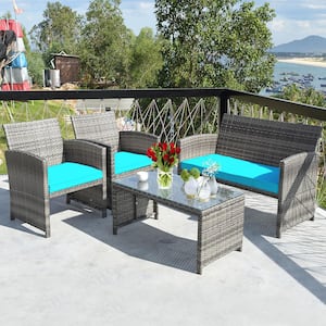 4-Piece Wicker Patio Conversation Outdoor Sofa Garden Coffee Table Set with Turquoise Cushions