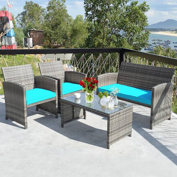 Costway 4-Piece Wicker Patio Conversation Outdoor Sofa Garden Coffee Table Set with Turquoise Cushions