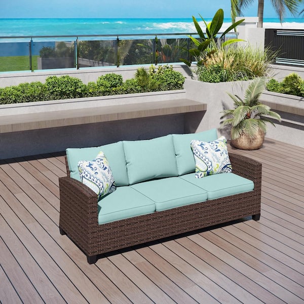PHI VILLA Dark Brown Rattan Wicker Outdoor Patio 3 Seat Sofa Couch with Blue Cushions