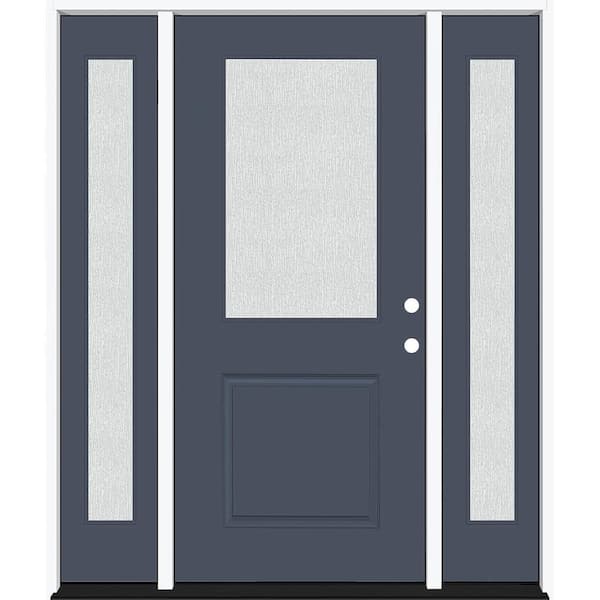 Legacy 68 in. x 80 in. 1/2 Lite Rain Glass LHIS Primed Dark Denim Finish Fiberglass Prehung Front Door w/Dbl 14 in. SL