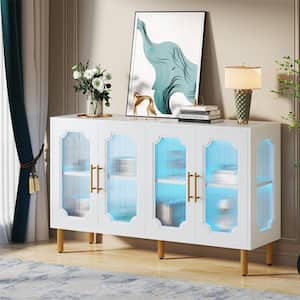 White 55 in. Modern Storage Cabinet with Led Light, 4-Door Sideboard Buffet Cabinet Credenza with Adjustable Shelves