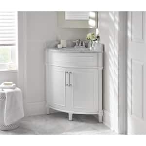 Aberdeen 32 in. Single Sink Freestanding Corner White Bath Vanity with Carrara Marble Top (Assembled)