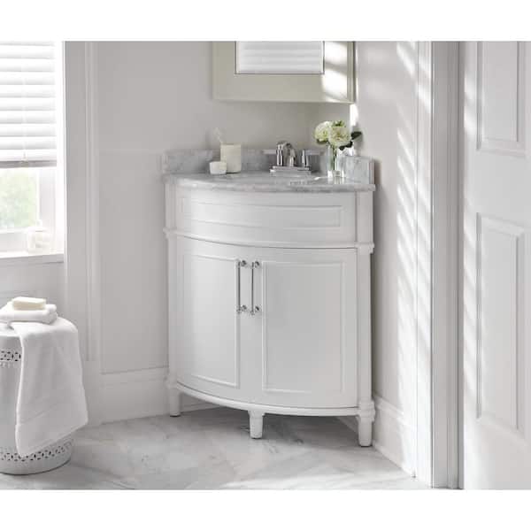 Home Decorators Collection Aberdeen 32 in. Single Sink Freestanding Corner White Bath Vanity with Carrara Marble Top (Assembled)