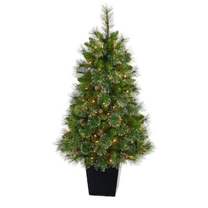 4 ft. Gold Pre-Lit Pine Artificial Christmas Tree with 100 Clear Lights, Pine Cones and 336 Bendable Branches in Planter