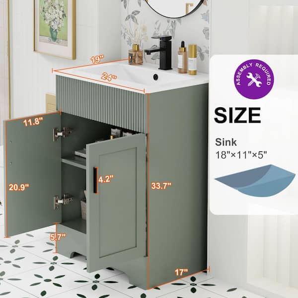 24 in. W. x 19 in. D x 33.7 in. H Single Sink Freestanding Bath Vanity Green with White Ceramic Top and Drain Faucet Set
