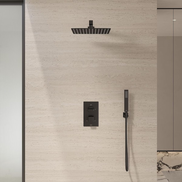 Rugen 2-Spray 10in. Wall Mount Dual Shower Head Handheld Shower Head 1.8 GPM in Matte Black (Valve Included)