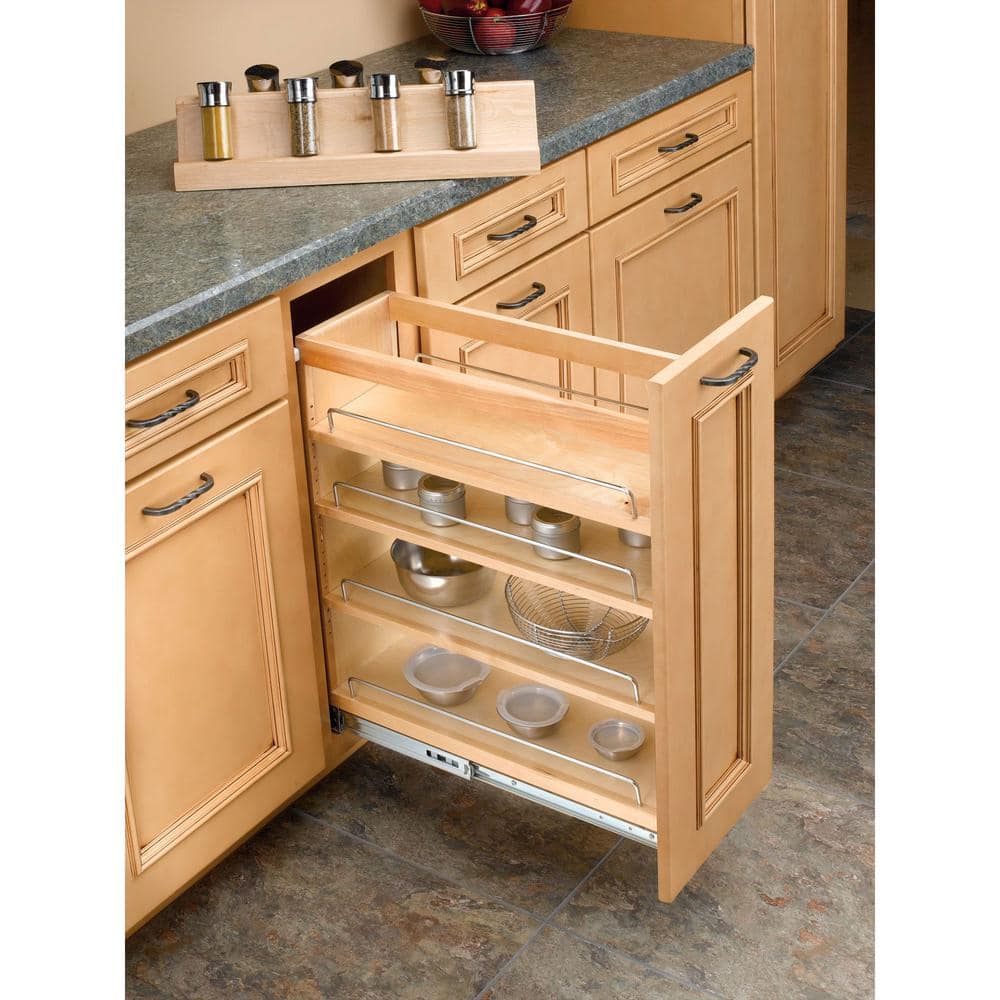 Natural Maple Pull-Out Kitchen Cabinet Organizer with Chrome Rails