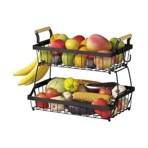 1-Piece 2-Tier Fruit Basket Bowl in Black with Side Hooks, Detachable Basket and Wooden Handle for Kitchen Countertop