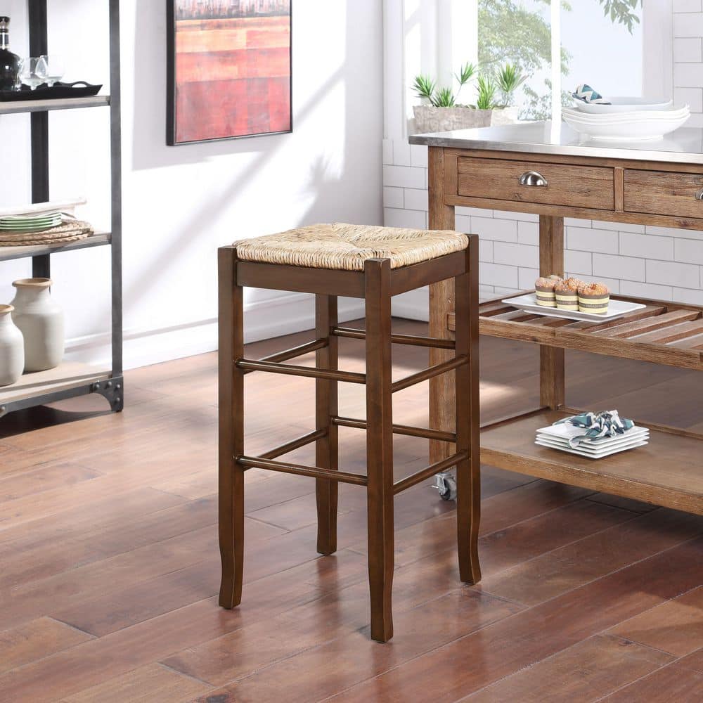Elegant Cappuccino Hardwood 29" Square Rush Bar Stool