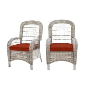 Beacon Park Gray Wicker Outdoor Patio Captain Dining Chair with CushionGuard Quarry Red Cushions (2-Pack)
