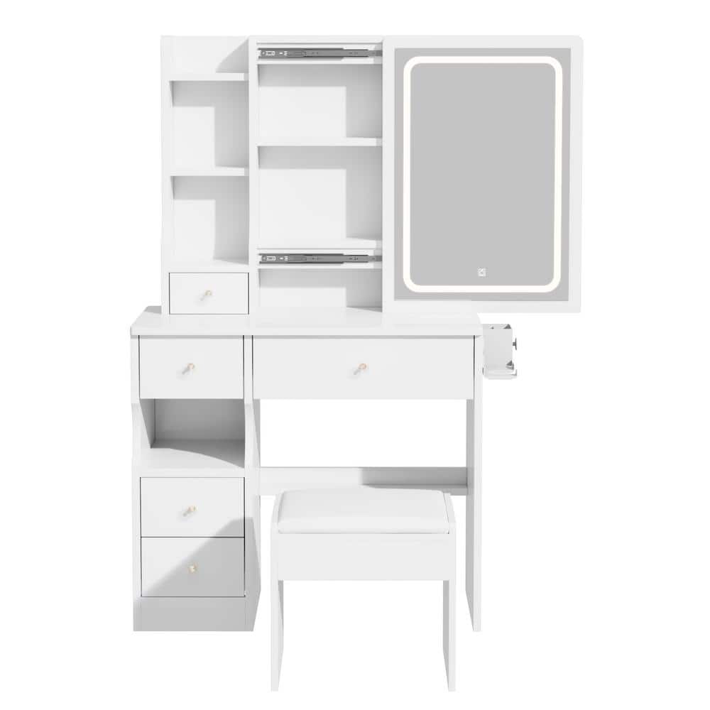 White 4-drawer 31.5 in. W Dresser with Mirror, Left Drawer Desktop Vanity T