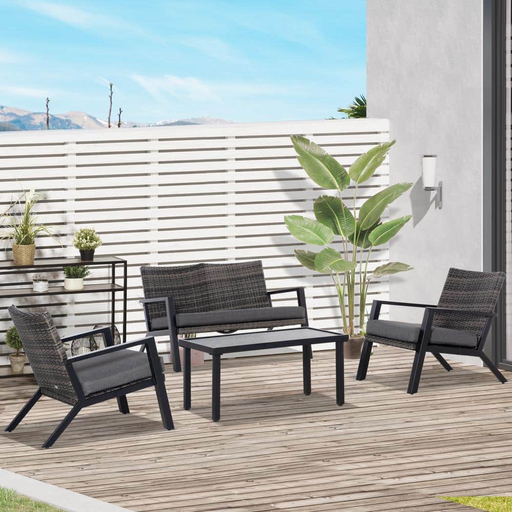 4-Piece Wicker Outdoor Sectional Set, Patio Conversation Set with Black Sof