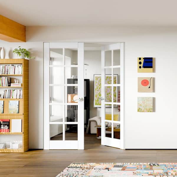 64 in. x 80 in. Composite, MDF, 10-Lite, Clear Glass, Primed, White Interior Door Slab with Silver Curved Doorknob