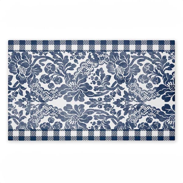 Navy Gingham Florals Blue 18 in. x 30 in. Polyester Non-Slip Outdoor Door Mat