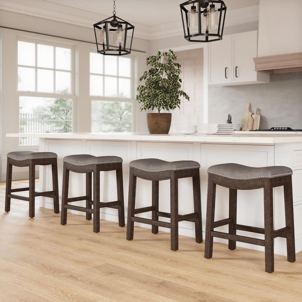 25" Saddle Style Wood Counter Stool in Cobble Gray with Nailhead Accents