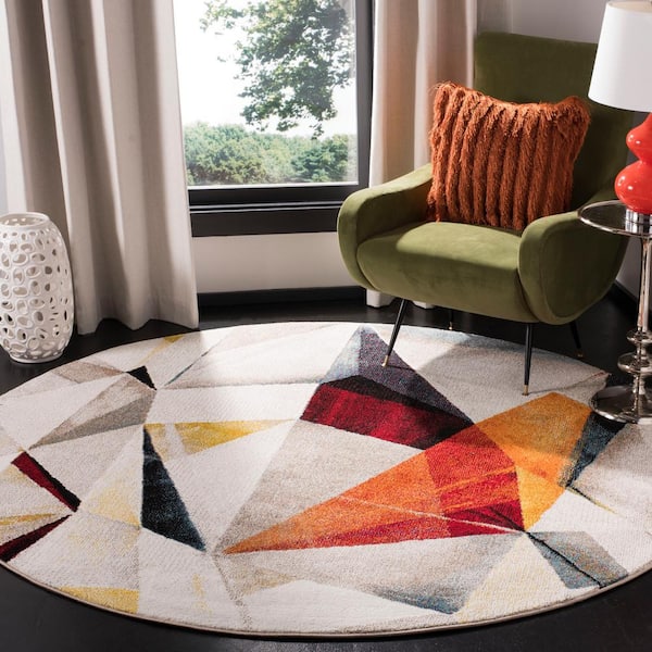 Porcello 5 ft. x 5 ft. Light Gray/Orange Geometric Round Rug