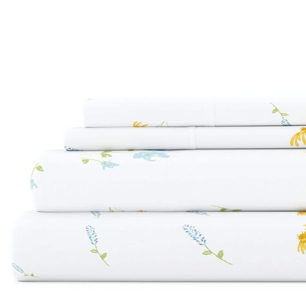 King Blue Floral Microfiber Sheet Set with Pillowcases