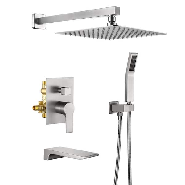 Aurora Decor ACA Single Handle 3 Sprays 12 in. Square Shower Faucet with Waterfall faucet in Brushed Nickel Valve Included