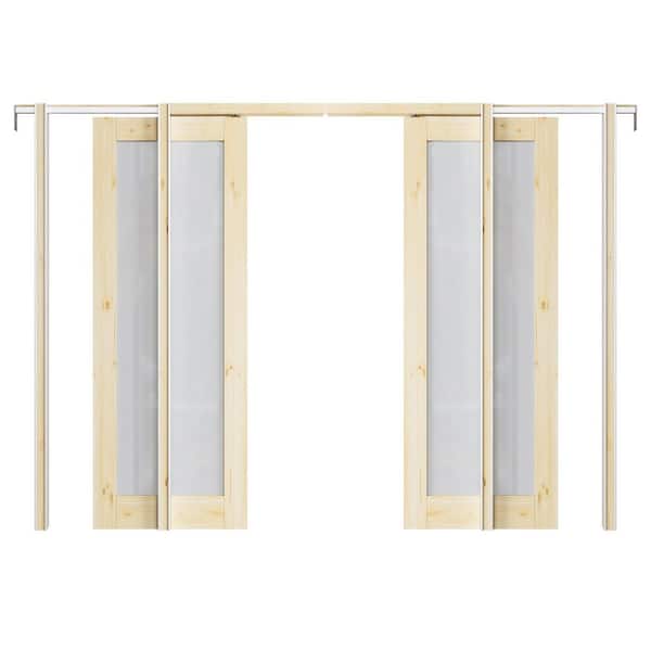 ARK DESIGN 56 in. x 80 in. 1-Lite Frosted Glass Solid Core Pine Wood Unfinished Pocket Sliding Door with Pocket Door Hardware