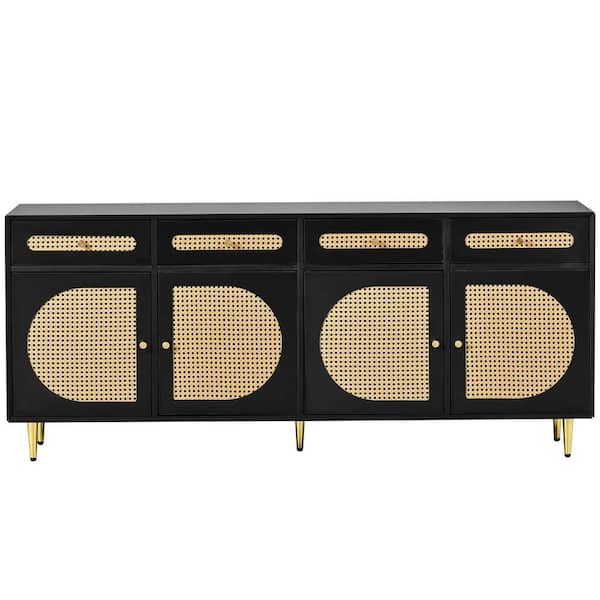 Polibi Modern Black TV Stand Fits TV's up to 65 in. with Rattan Door, Adjustable Shelves
