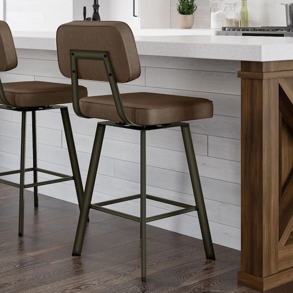 Amisco Clarkson 26 in. Brown Faux Leather Gun Metal Swivel Counter Stool
