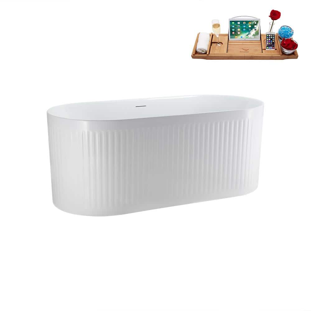 59'' Glossy White Freestanding Acrylic Soaking Bathtub with Tray