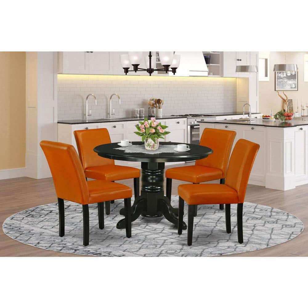 5-Piece Round Black Finish Solid Wood Top Dining Table with 4 Parson Chair with Lattice Back