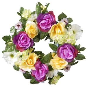 18 in. Artificial Decorated Wreath with Daisies, Roses and Hydrangeas
