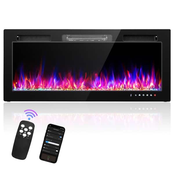 42 in. Wall Mount / Recessed 12-Color Flames Electric Fireplace with Remote Control in Black