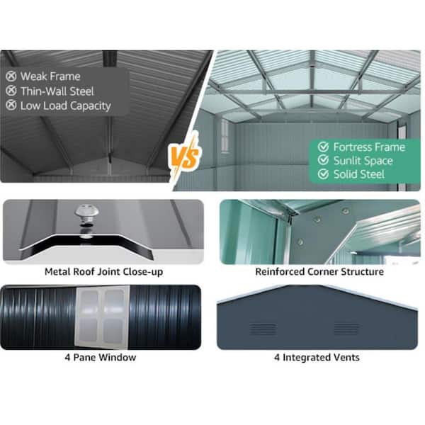 13 ft. W x 20 ft. D Gray Metal Outdoor Garage Shed with Windows