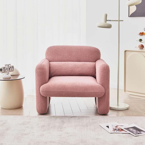 wetiny 34 in. Wide Straight Arm Lamb Fleece Fabric Rectangle Modern Single Sofa in Pink with Support Pillow