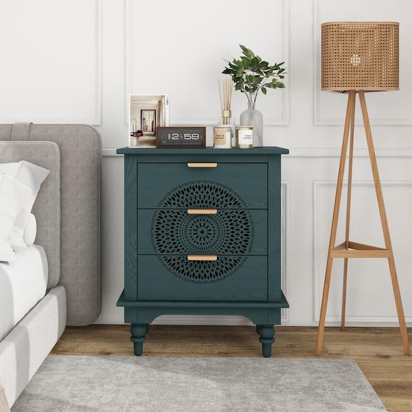 Drysian Dark Green Modern 3-Drawer 23.62 in. W Chest of Drawers with Metal Handles, Hollow Carved Design