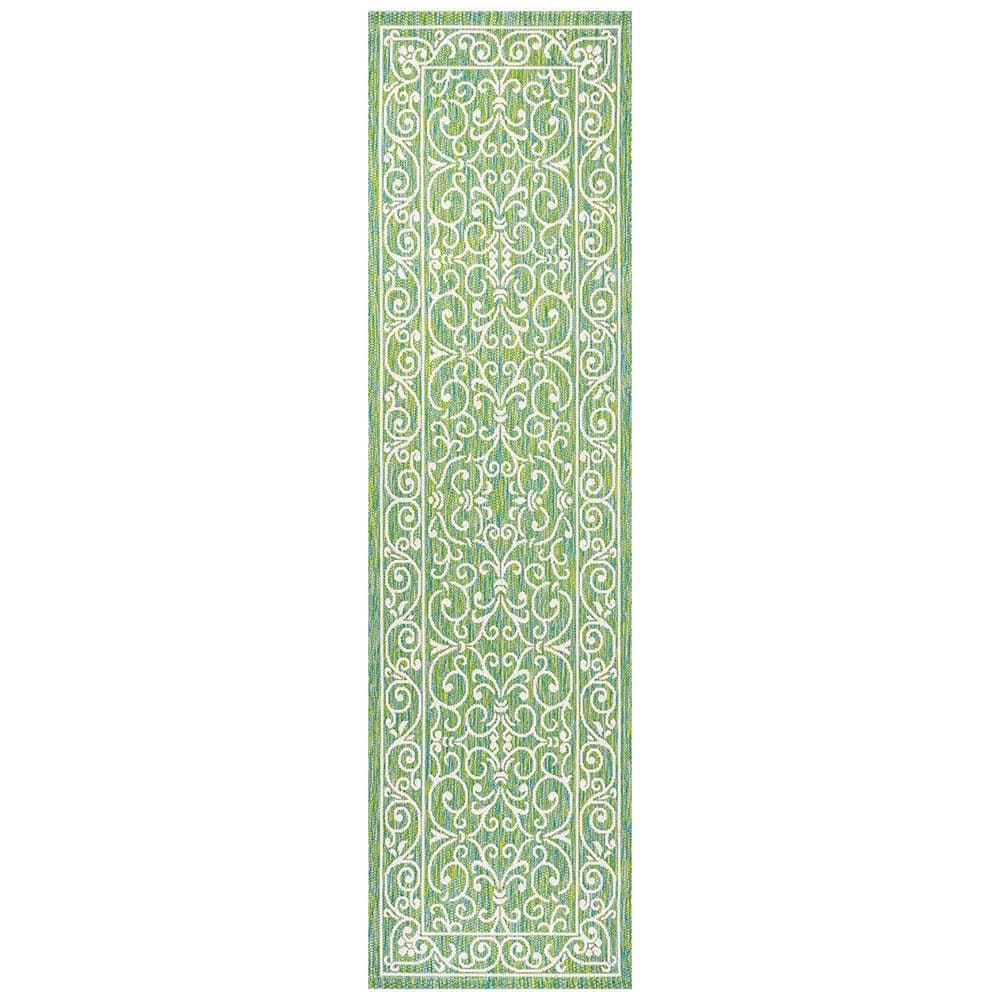 Green Polypropylene 2 ft. x 8 ft. Floral Indoor Runner Rug