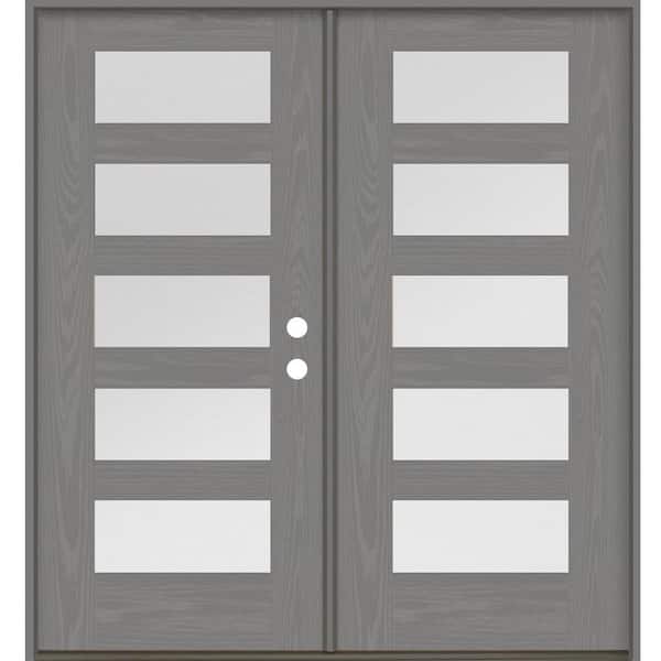 Krosswood Doors Modern 72 in. x 80 in. 5-Lite Left-Active/Inswing Satin Glass Malibu Grey Stain Double Fiberglass Prehung Front Door