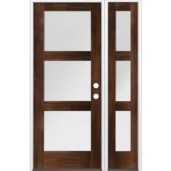 50 in. x 80 in. Modern Hemlock 3-Lite Left-Hand/Inswing Frosted Glass Red Mahogany Stain Wood Prehung Front Door