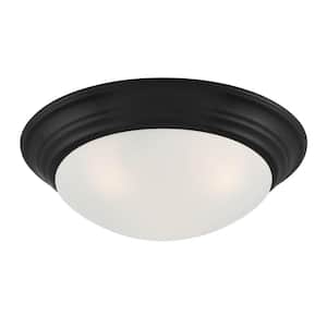 Tap 14 in. 2-Light Matte Black Flush Mount with Etched Glass Shade