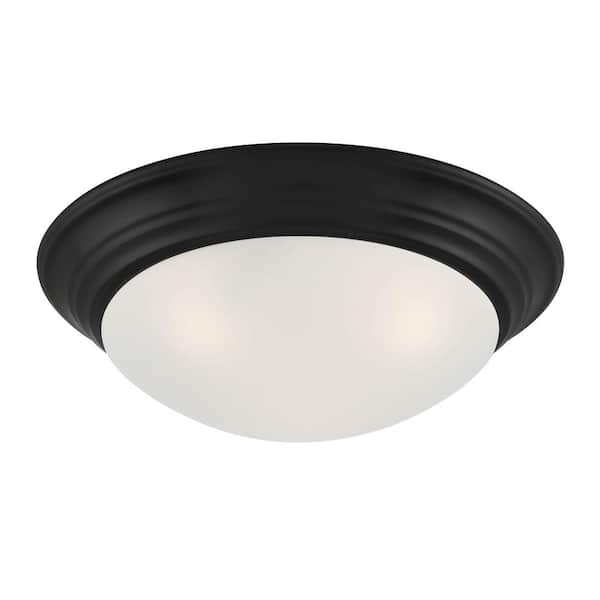 Designers Fountain Tap 14 in. 2-Light Matte Black Flush Mount with Etched Glass Shade