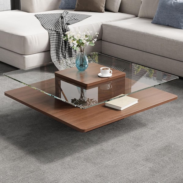 31.5 in. Walnut Modern Square Tempered Glass Top Coffee Table with Shelf