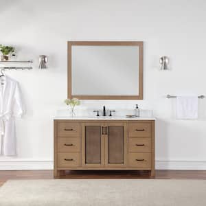 Hadiya 60 in. W x 22 in. D x 34 in. H Single Sink Bath Vanity in Brown Pine with White Composite Stone Top and Mirror