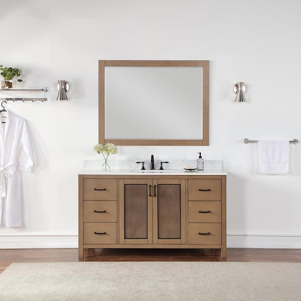 Altair Hadiya 60 in. W x 22 in. D x 34 in. H Single Sink Bath Vanity in Brown Pine with White Composite Stone Top and Mirror