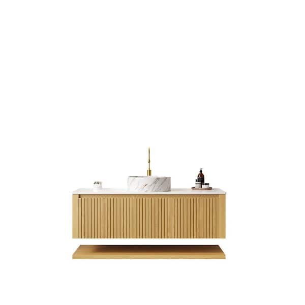 Loiry 48 in. Floating Corolla Oak Woodgrain Bath Vanity with Ceramic Basin and White Sintered Stone Top Pre-assembled