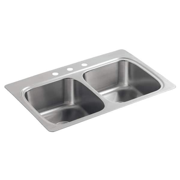 KOHLER Verse Drop-In Stainless Steel 33 in. 3-Hole 50/50 Double Bowl Kitchen Sink