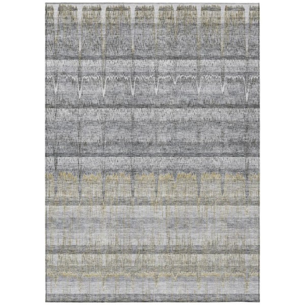 Gray, Silver, Charcoal 8 ft. x 10 ft. Woven Striped Polyester Rectangle Indoor/Outdoor Area Rug