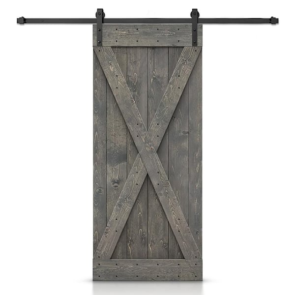 CALHOME X Series 36 in. x 84 in. Pre-Assembled Weather Gray Stained Wood Interior Sliding Barn Door with Hardware Kit