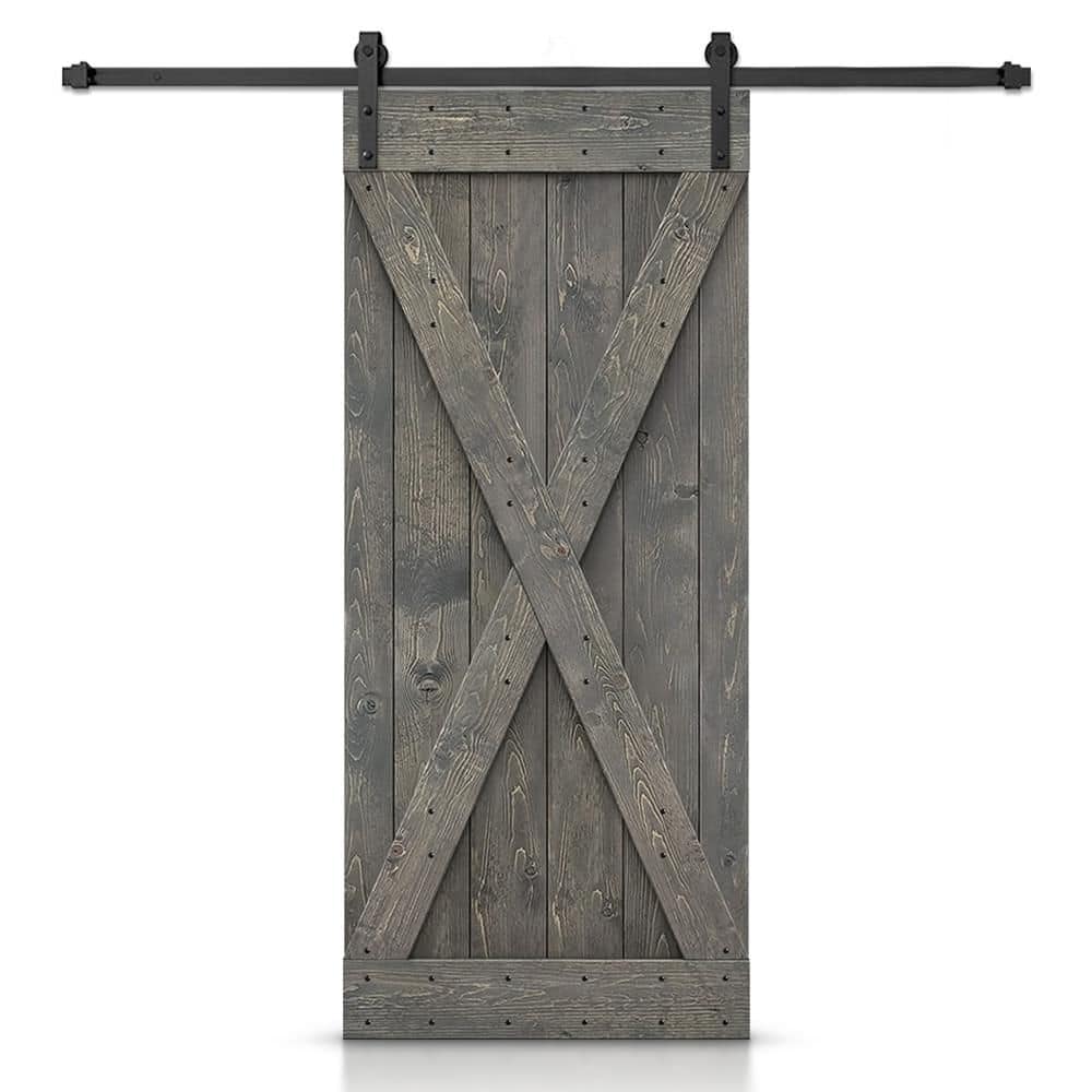 Weather Gray Knotty Pine Wood Sliding Barn Door with Hardware Kit