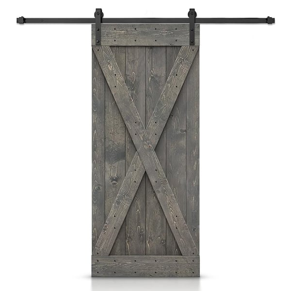 CALHOME X Series 36 in. x 84 in. Weather Gray Stained DIY Solid Knotty Pine Wood Interior Sliding Barn Door with Hardware Kit